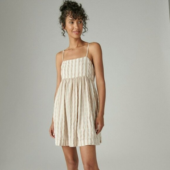 LUCKY Brand Striped Mini Prep Dress Tan White Adjustable StrapsSize S